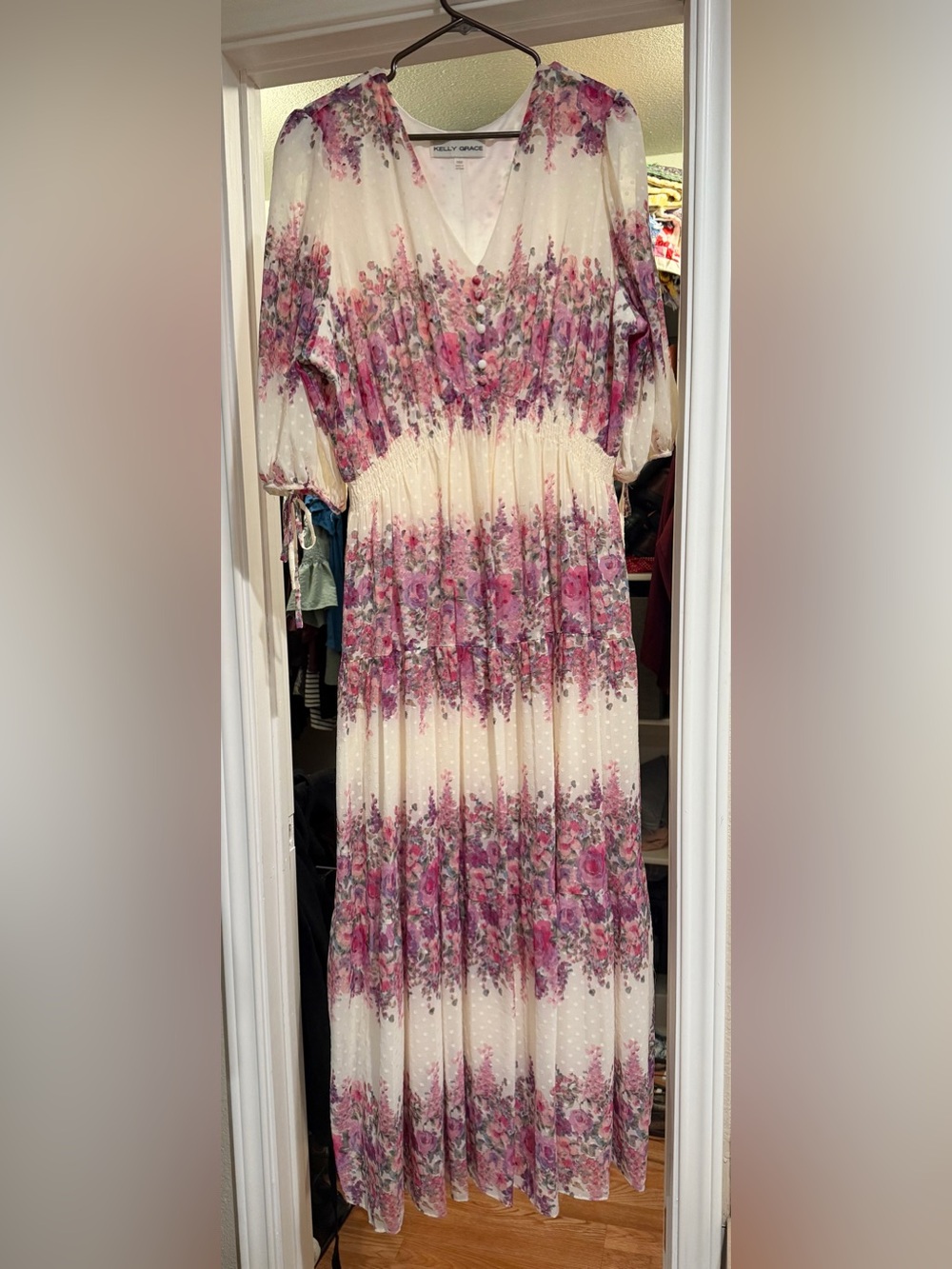 Floral Cream Maxi Dress with Pink Bouquet Print
